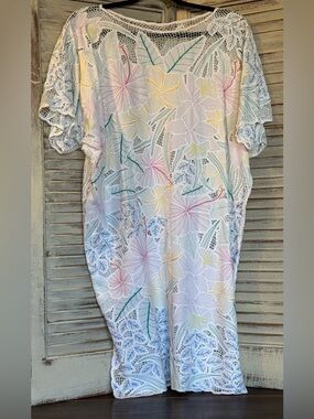 Vintage 80s Jehnsen Tropical Lace Rayon Coverup Dress M